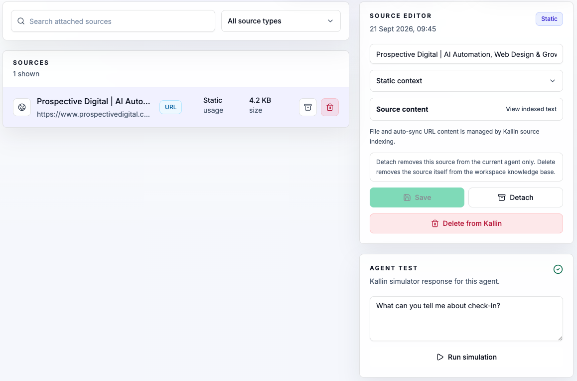 Kallin dashboard showing an approved website source attached to the agent's business knowledge.